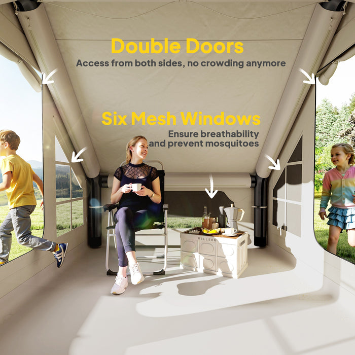 Outsunny Inflatable Camping Tent with Pump, Easy Setup 2-4 Person Blow Up Tent, Waterproof Luxury Inflatable Tent with Mesh Windows, Doors, Hook and Carry Bag, Beige