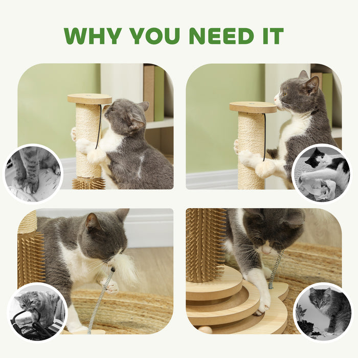 PawHut 49cm 5 in 1 Cat Scratching Post with Sisal Post, Track Ball Toy, Self Grooming Brush, Hanging Toy Ball, Feather, Oak | Aosom UK