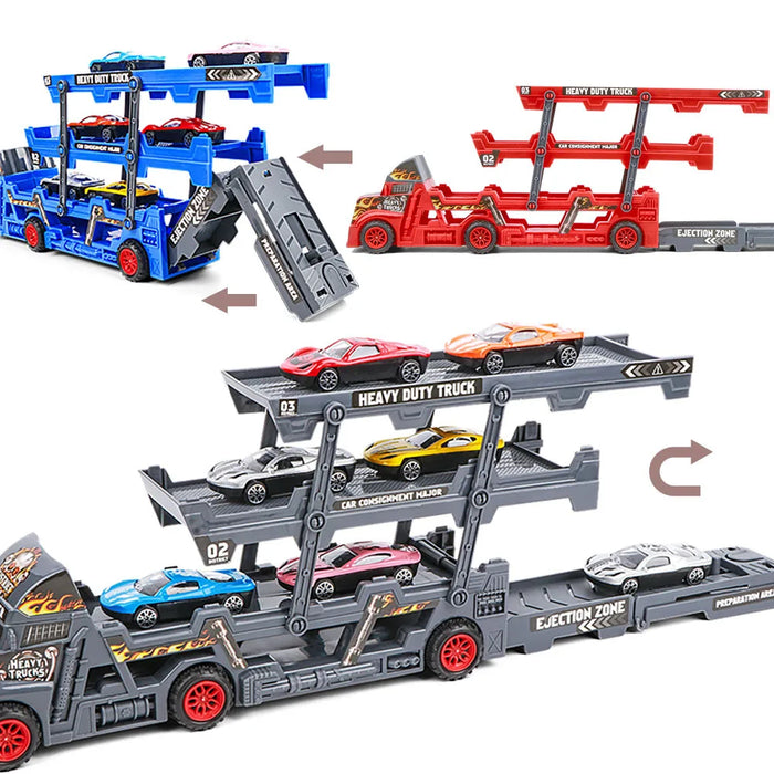 7Pcs Car Model Set - Transport Car Large Truck Vehicles, Trailer, Three-Layer Folding, Ejection Railcar & Catapult Rail Toys - Ideal Playset for Boys