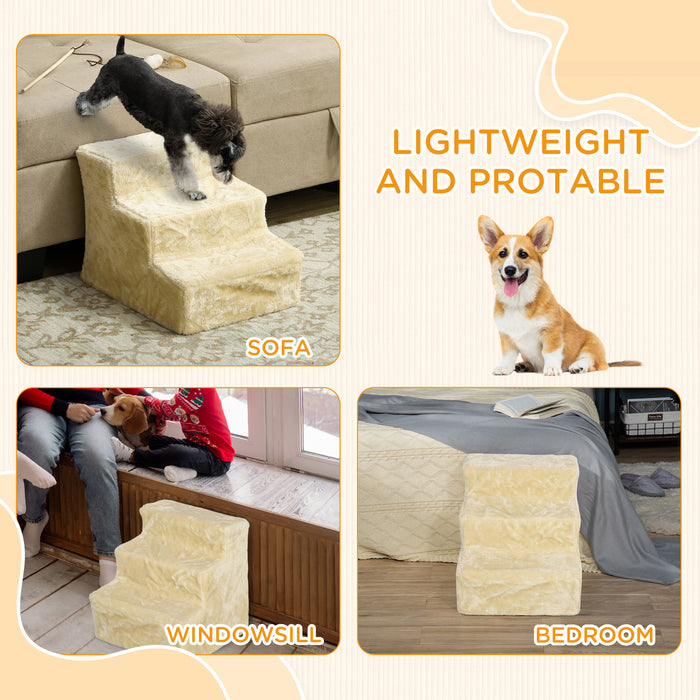 PawHut Three-Step Dog Stairs, with Washable Plush Cover, for High Bed Sofa, Dog Stairs for Small Dog and Cat - Beige | Aosom UK