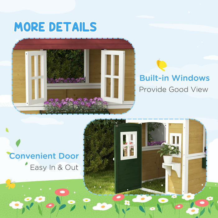Outsunny Wooden Playhouse with Doors, Windows, Plant Pots, Boxes, for 3-8 Years - Beige