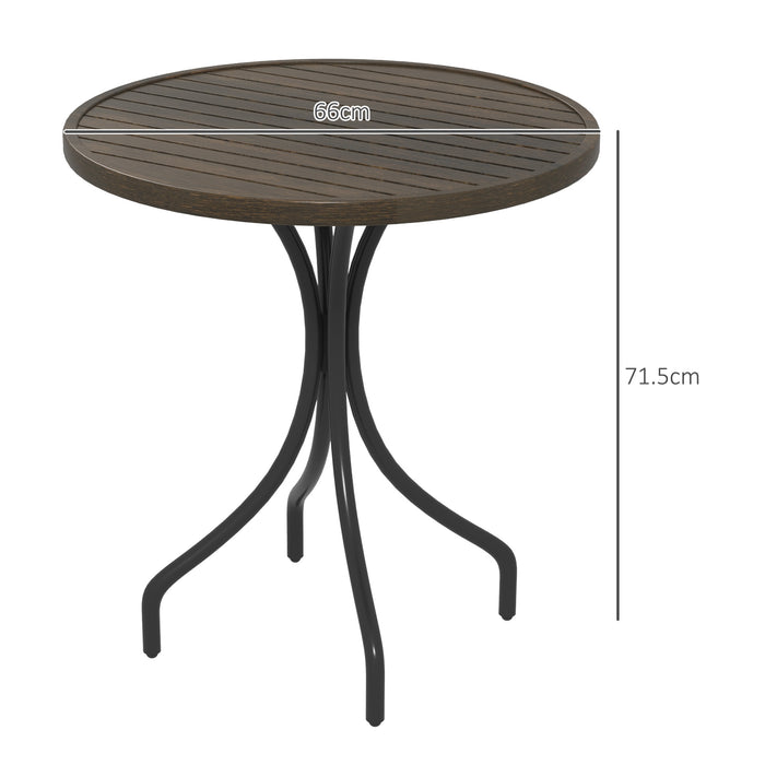 Outsunny Φ66cm Garden Side Table, Round Bistro Coffee Table, Outdoor Patio Table with Steel Frame and Slat Tabletop for Balcony and Porch, Brown Wood Grain