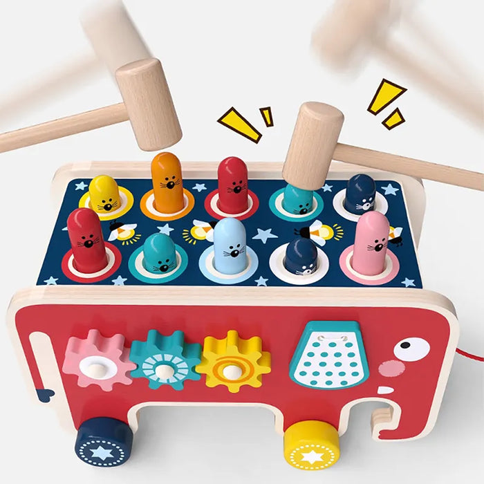 BabyToys Bebe - Toddler Kids Wooden Montessori Activity Toys with Elephant Beating Whack-A-Mole Hammer Pounding Game - Fun Educational Entertainment for Children