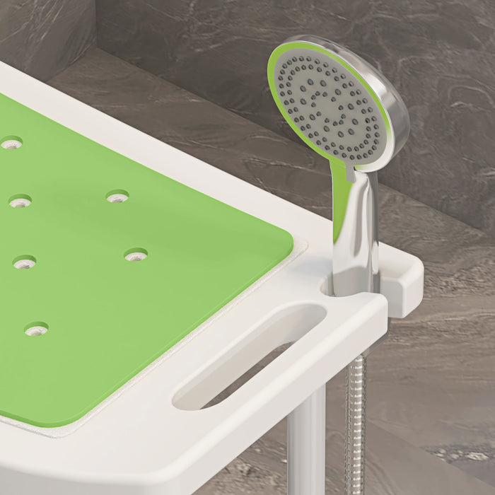 HOMCOM 6-Level Height Adjustable Aluminium Bath Room Stool Chair Shower Non-Slip Design w/ Padded Seat Drainage Holes Foot Pad, Green | Aosom UK