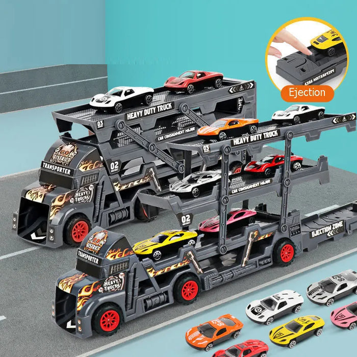 7Pcs Car Model Set - Transport Car Large Truck Vehicles, Trailer, Three-Layer Folding, Ejection Railcar & Catapult Rail Toys - Ideal Playset for Boys
