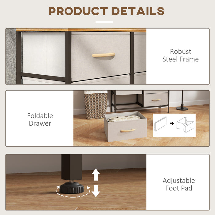 HOMCOM Fabric Chest of Drawers, Industrial Storage Bedroom Dresser with 6 Fabric Drawers, Steel Frame and Wooden Top for Nursery, Living Room, Hallway, Cream White