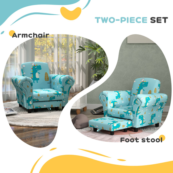 Kids Sofa Set with Dinosaur Theme - Sturdy Wooden Frame, 2-Piece Furniture for Toddlers - Perfect for Ages 1.5-3 Years, Vibrant Blue Color