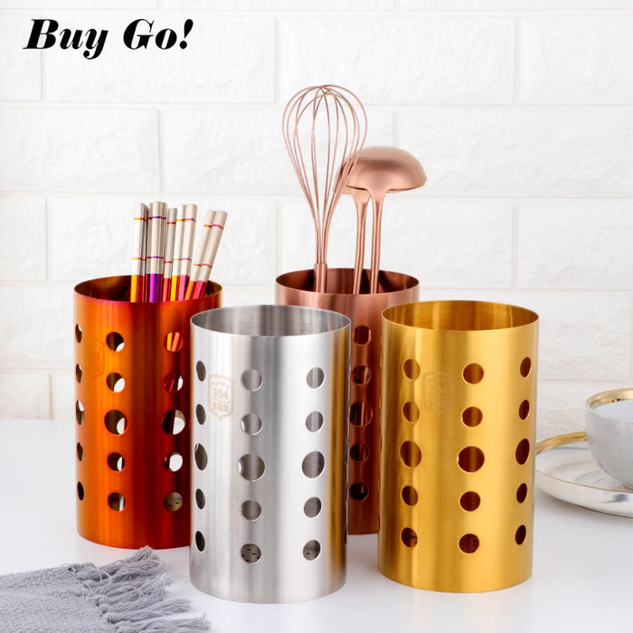Stainless Steel Kitchen Utensil Holder – Drain Tube for Chopsticks, Spoons & Forks
