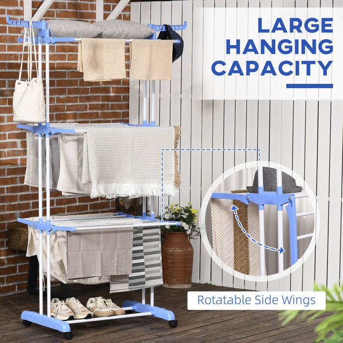 4-Tier Foldable Laundry Drying Rack - Sturdy Steel Construction with Castors, Blue - Perfect for Indoor/Outdoor Clothes Drying Needs