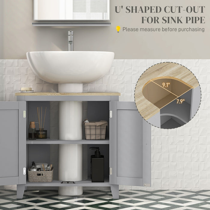 kleankin Under Sink Cabinet, Bathroom Sink Cabinet with 2 Doors, Pedestal Under Sink Design, Freestanding Bathroom Cupboard with Adjustable Shelf, Grey