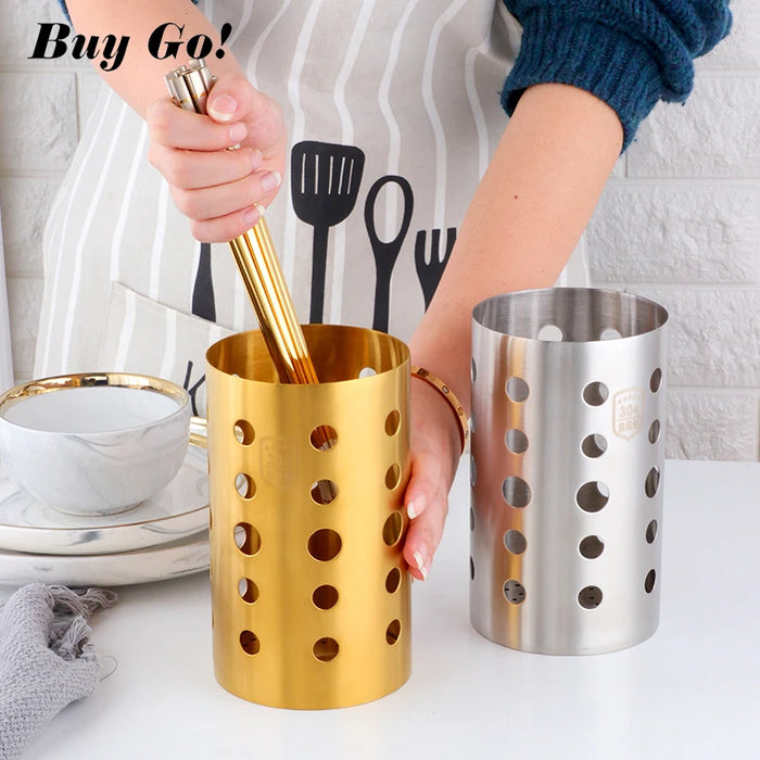 Stainless Steel Kitchen Utensil Holder – Drain Tube for Chopsticks, Spoons & Forks