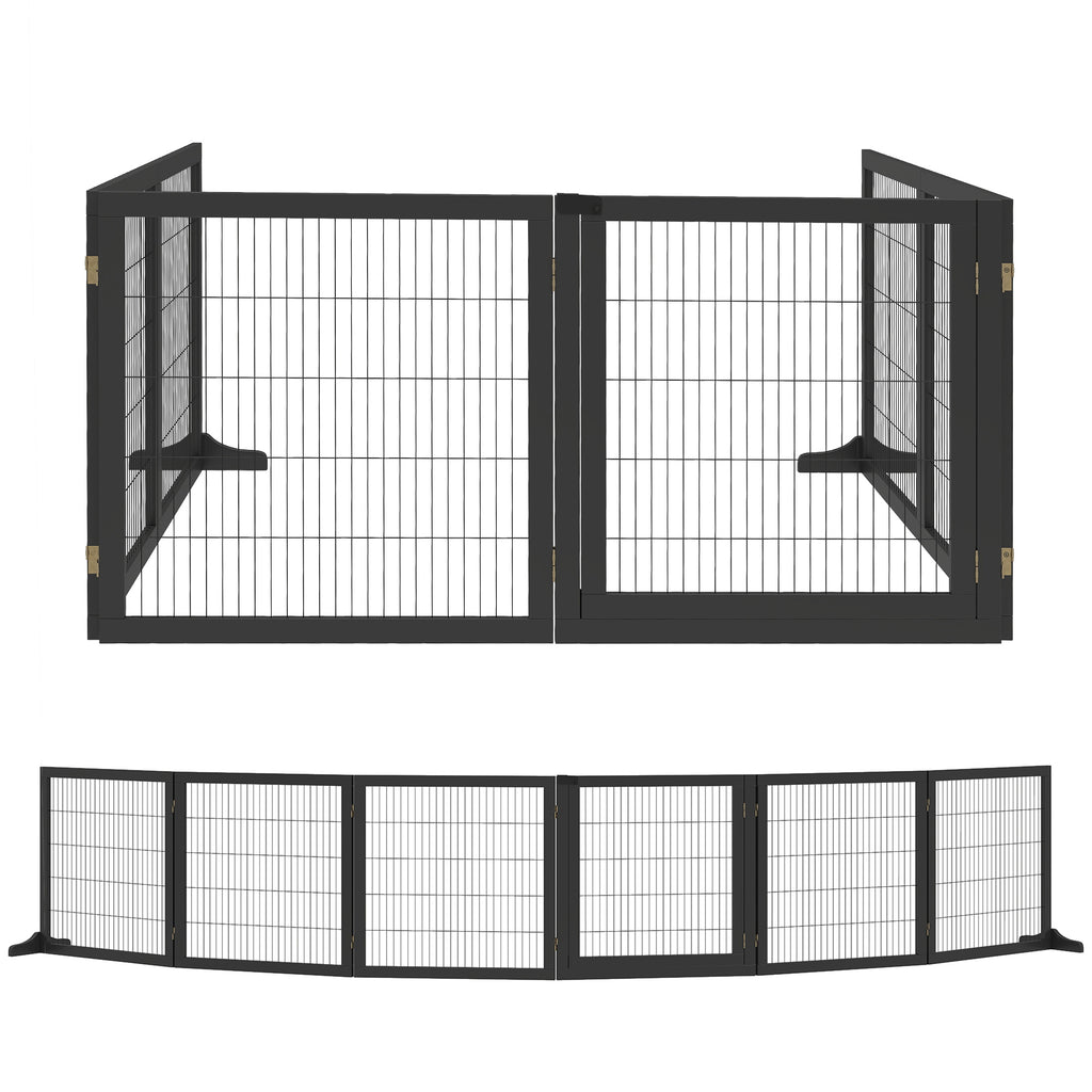 PawHut Wooden Pet Gate, Freestanding Dog Security Barrier with Two Support Feet - Black