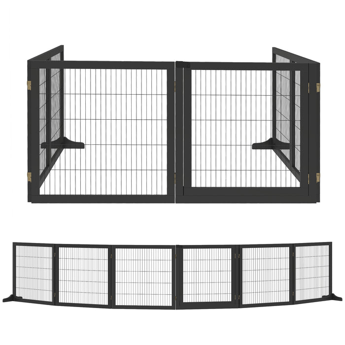PawHut Wooden Pet Gate, Freestanding Dog Security Barrier with Two Support Feet - Black