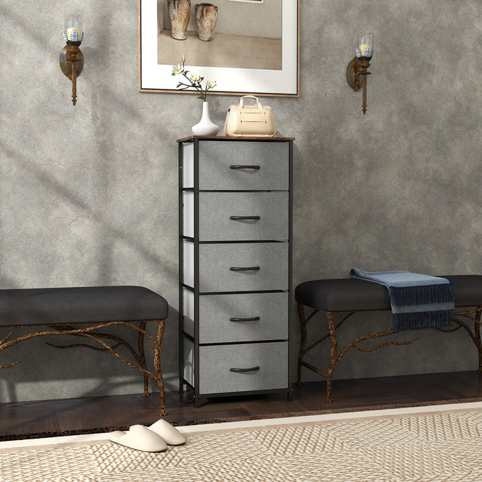HOMCOM Fabric Chest of Drawers, Industrial Bedroom Dresser with 5 Fabric Drawers, Steel Frame and Wooden Top for Nursery, Living Room, Hallway, Rustic Brown and Grey