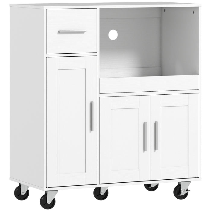 HOMCOM Rolling Kitchen Cart, Microwave Cabinet with Sliding Tray, Drawer, 3-Door Cupboards, Adjustable Shelf, White