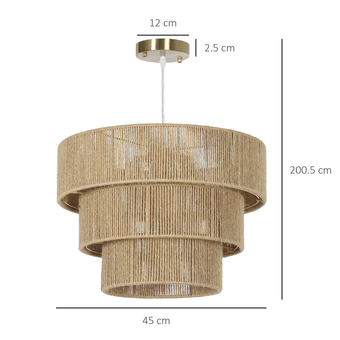 HOMCOM Hemp Rope Pendant Light, 3-Layer Boho Ceiling Light Shade, E14 Vintage Lampshade for Living Room, Bedroom, Kitchen, Hallway, Light Brown