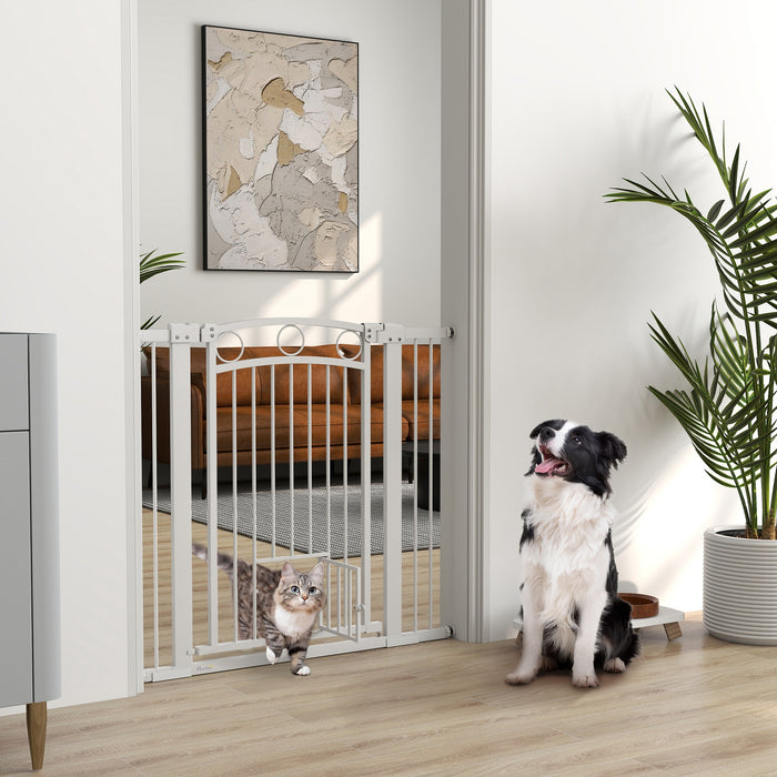 PawHut 96cm Tall Dog Gate with Cat Door, 7cm and 14cm Extensions, for Stairs & Doorways, 76-104cm Width
