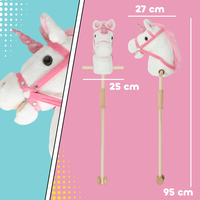 AIYAPLAY Unicorn Stick Horse with Wood Wheels, Real Pony Neighing and Galloping Sounds, Grip Handle, 95 cm, White
