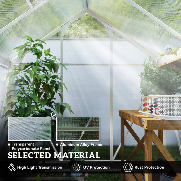 Outsunny Polycarbonate Greenhouse, Large Walk-In Green House with Slide Door and Window, Aluminium Frame, 6x4ft, Silver Tone