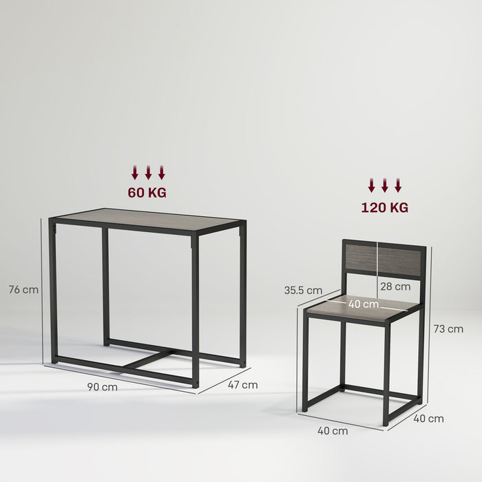 HOMCOM Dining Table and Chairs Set 2, Dining Room Sets, Rectangular Space Saving Table and 2 Chairs for Compact Kitchens, Steel Frame, Grey Wood-Effect