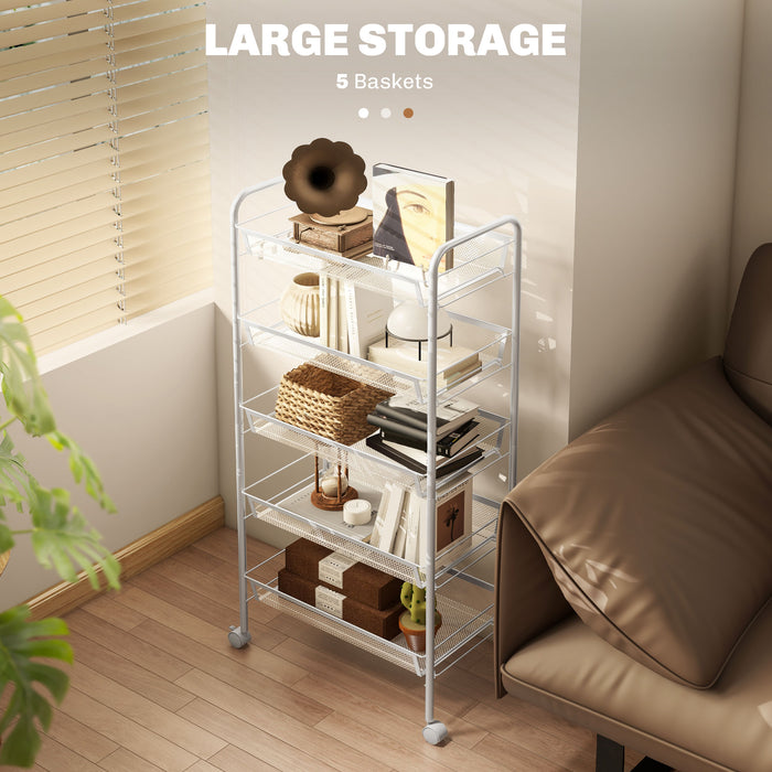 HOMCOM Five-Steel Mesh Basket Storage Trolley, with Wheels - White