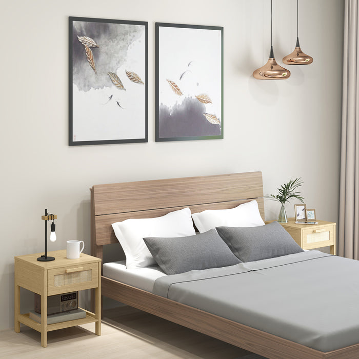 HOMCOM Bedside Table Set of 2 with Rattan Drawer, Rustic Side Tables with Storage Shelf for Bedroom, Living Room, Natural