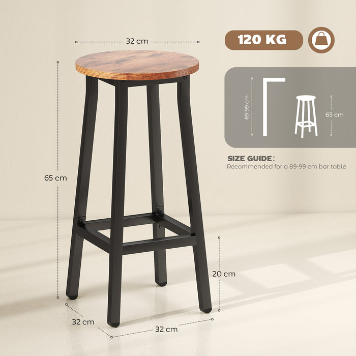 HOMCOM Bar Stools Set of 2 Breakfast Bar Stools with Footrest, Industrial Round, 32 x 32 x 65 cm, Rustic Brown