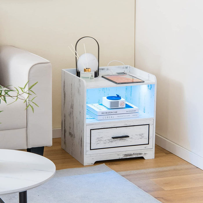 Smart LED Nightstand Sofa Side Table with USB Charging Station-White