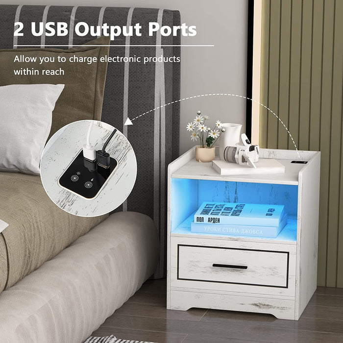 Smart LED Nightstand Sofa Side Table with USB Charging Station-White