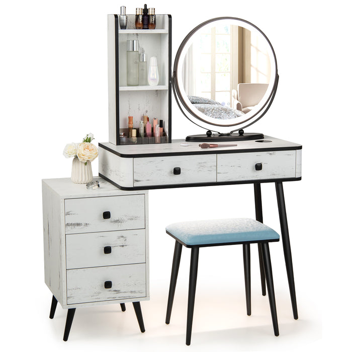 Vanity Table Set with 3-Colour Round Mirror and Charging Station-