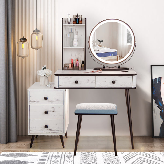 Vanity Table Set with 3-Colour Round Mirror and Charging Station-
