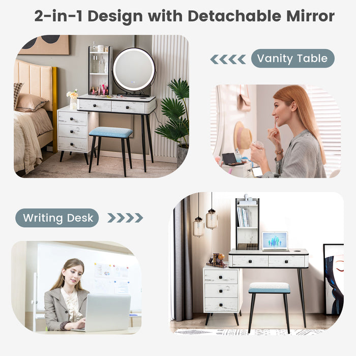 Vanity Table Set with 3-Colour Round Mirror and Charging Station-