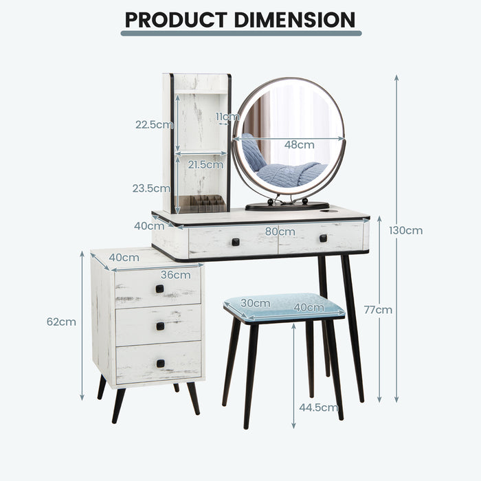 Vanity Table Set with 3-Colour Round Mirror and Charging Station-