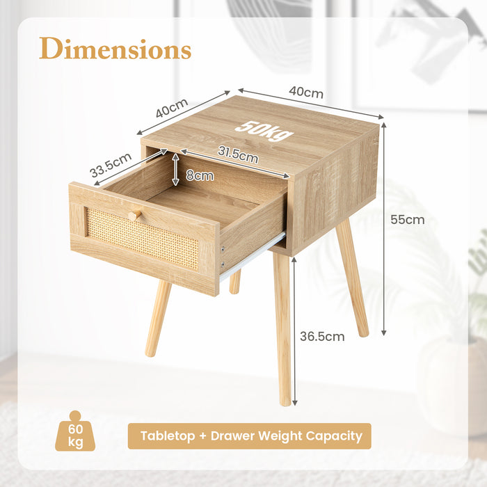 Boho Bedside Table with Hand-woven Rattan Decoration-