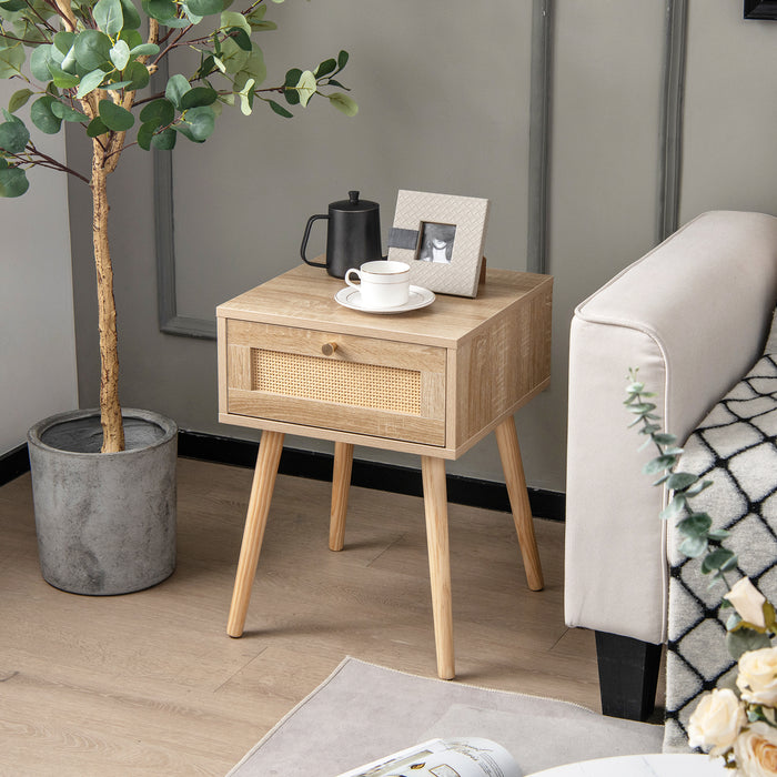 Boho Bedside Table with Hand-woven Rattan Decoration-