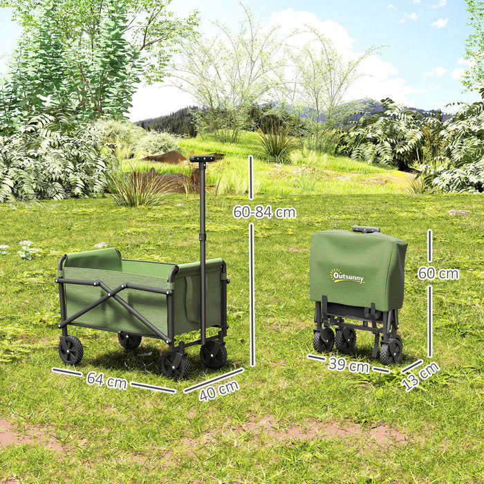 Outsunny 41L Festival Trolley on Wheels, Small Garden Folding Trolley Cart, 60kg Heavy Duty Collapsible Folding Wagon with Adjustable Handle and Carrying Bag for Beach, Camping, Festival, Green