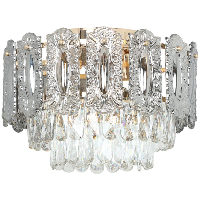 HOMCOM Chandelier Ceiling Light, 3-Light Flush Mount Fixture with Dual Crystal and Smoke Glass Shade, 40 cm LED Ceiling Light for Living Room Bedroom, 3 E14 Sockets, Bulbs Not Included, Gold Tone