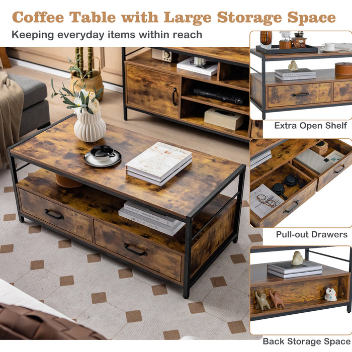 Coffee Table with Storage Drawers and Shelf-