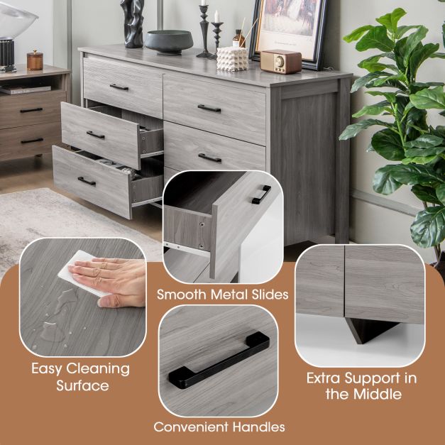 Grey 6-Drawer Cabinet - Durable Dresser with Center Support and Anti-Tip Safety Feature - Perfect for Efficient Home Storage Solutions