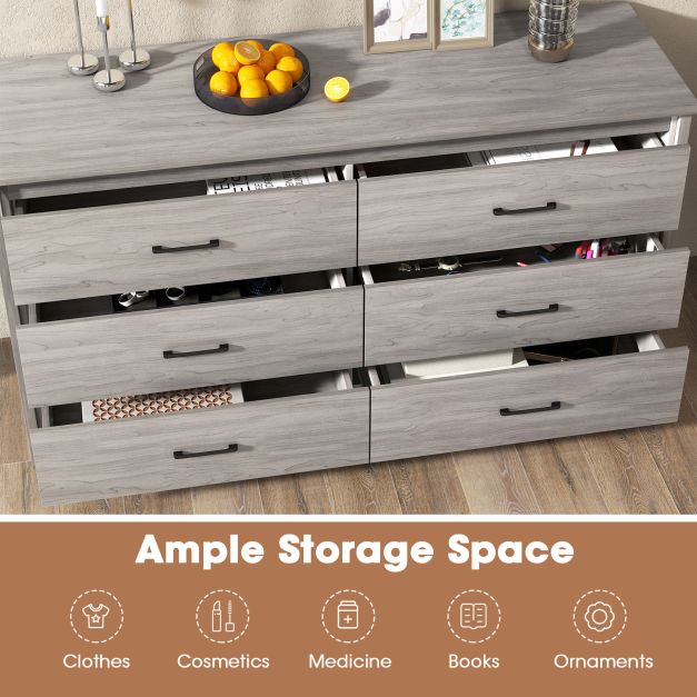 Grey 6-Drawer Cabinet - Durable Dresser with Center Support and Anti-Tip Safety Feature - Perfect for Efficient Home Storage Solutions