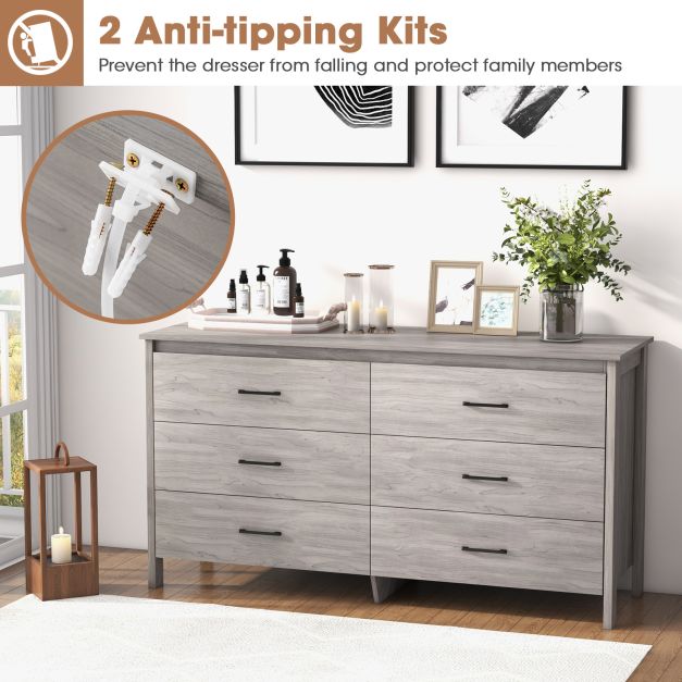 Grey 6-Drawer Cabinet - Durable Dresser with Center Support and Anti-Tip Safety Feature - Perfect for Efficient Home Storage Solutions