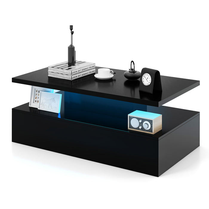 Modern 2-tier High Glossy  Coffee Table with Adjustable Light Colors-