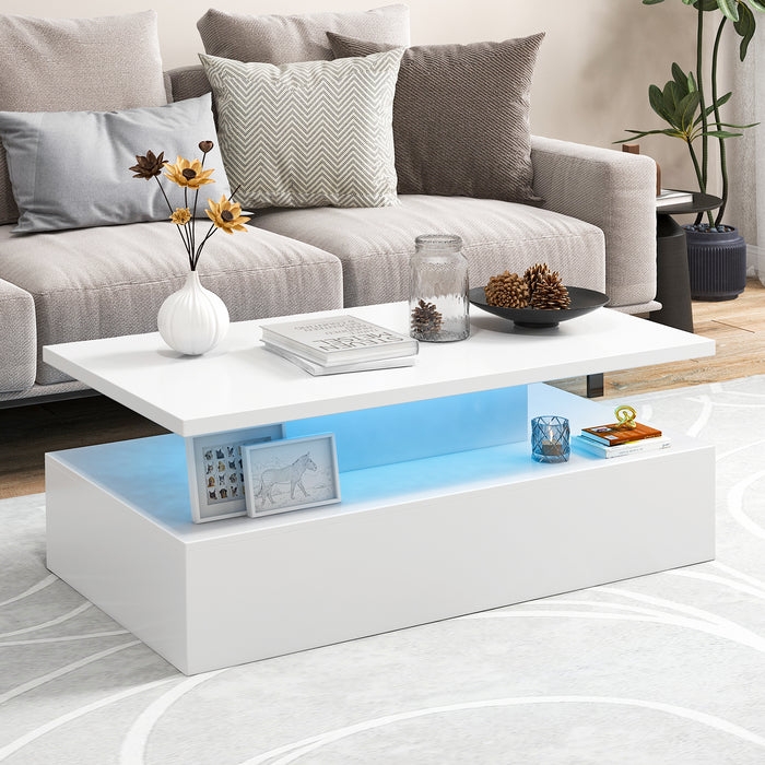 Modern 2-tier High Glossy  Coffee Table with Adjustable Light Colors-