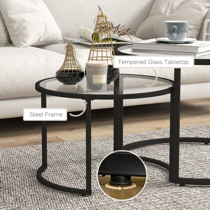 Modern Round Nesting Coffee Table Set - Tempered Glass Tabletop with Sturdy Steel Frame - Chic Side Tables for Living Room Decor, Set of 2, Black