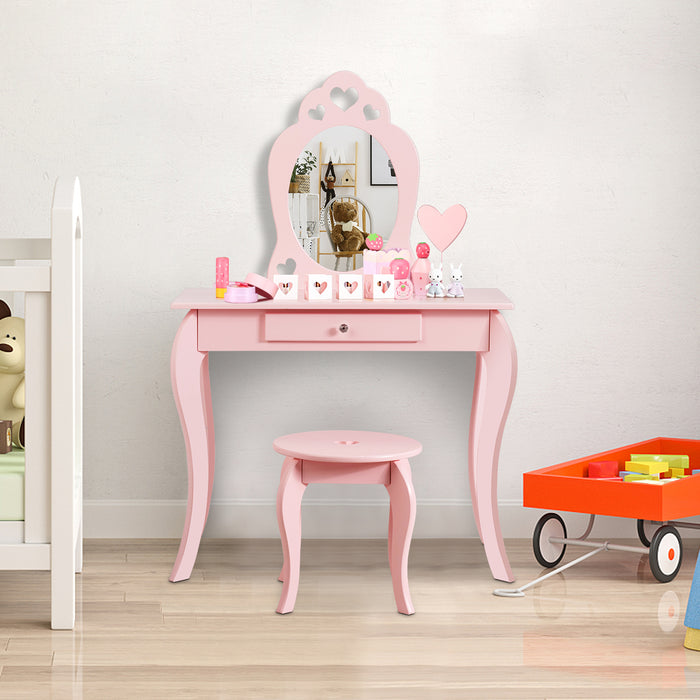 Kids Vanity Table and Stool with Removable Mirror and Drawer-