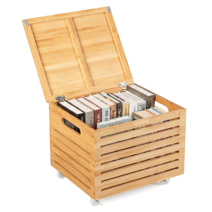 Bamboo Rolling Storage Box with 4 Wheels and Lid for Home-