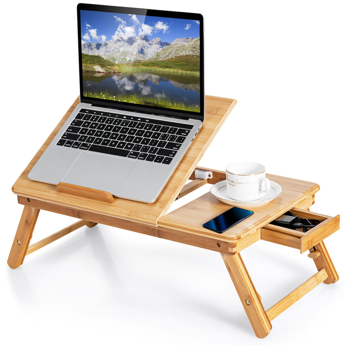 Bamboo Laptop Tray - Portable Lap Desk with Adjustable Legs and Tilting Top - Perfect for Computer Work, Reading and Drawing