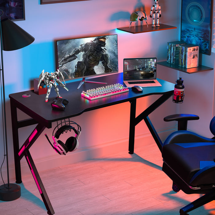 K-Shaped Gaming Desk with Cup Holder and Headphone Hook