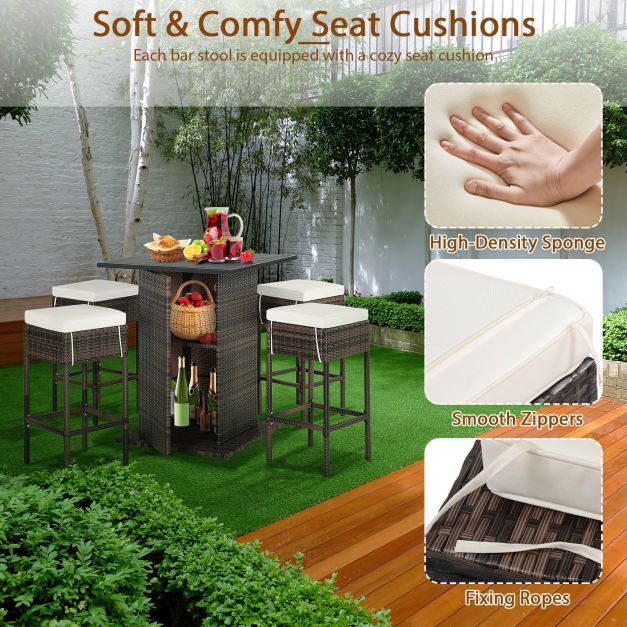 5-Piece Garden Bar Collection - Outdoor Furniture Set with Storage Shelves and Cushions, White Finish - Ideal for Garden Comfort and Organization