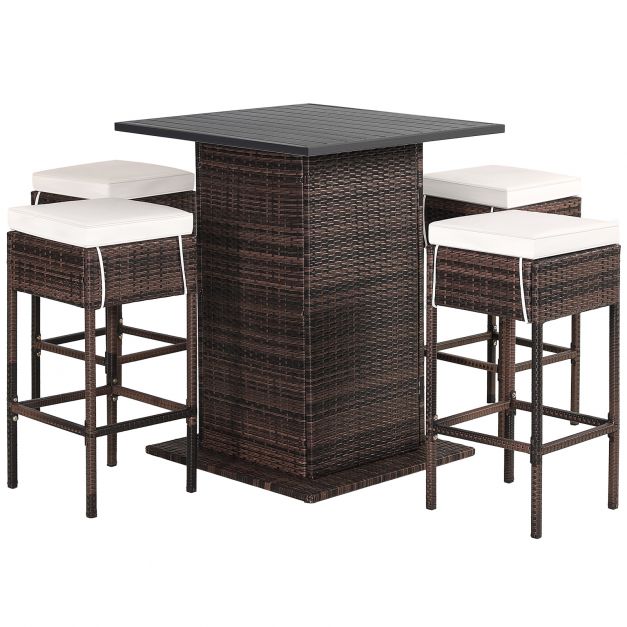 5-Piece Garden Bar Collection - Outdoor Furniture Set with Storage Shelves and Cushions, White Finish - Ideal for Garden Comfort and Organization